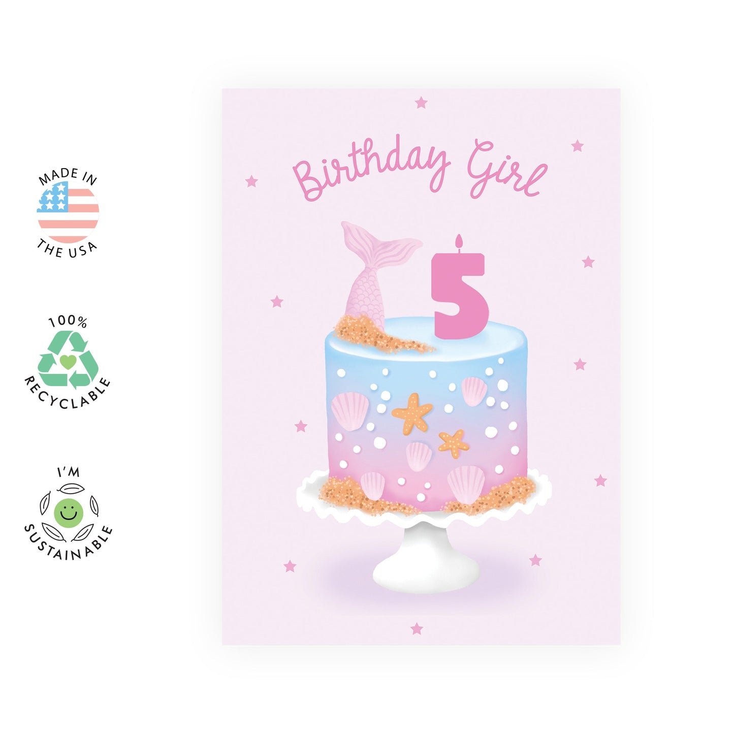 Girl Birthday Card Age 5-5th Birthday Birthday Card for Daughter - Cute Mermaid Cake - Happy Birthday Cards for Her Kids - Comes with Cute Stickers