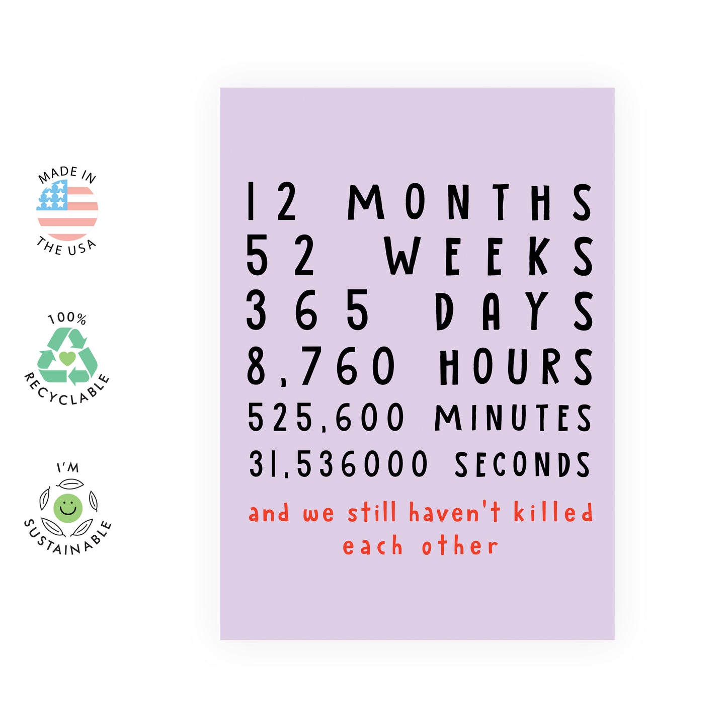 1st Anniversary Card - 12 Months And We Haven't Killed Each Other - For Men Women Him Her
