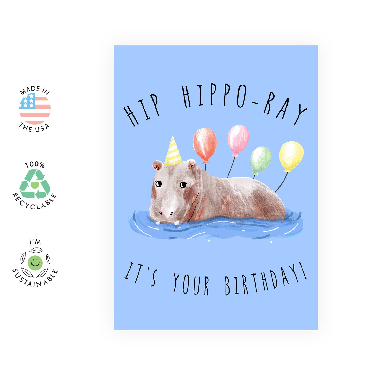 Cute Birthday Card - Hip Hippo-ray - For Men Women Him Her Boys Girls