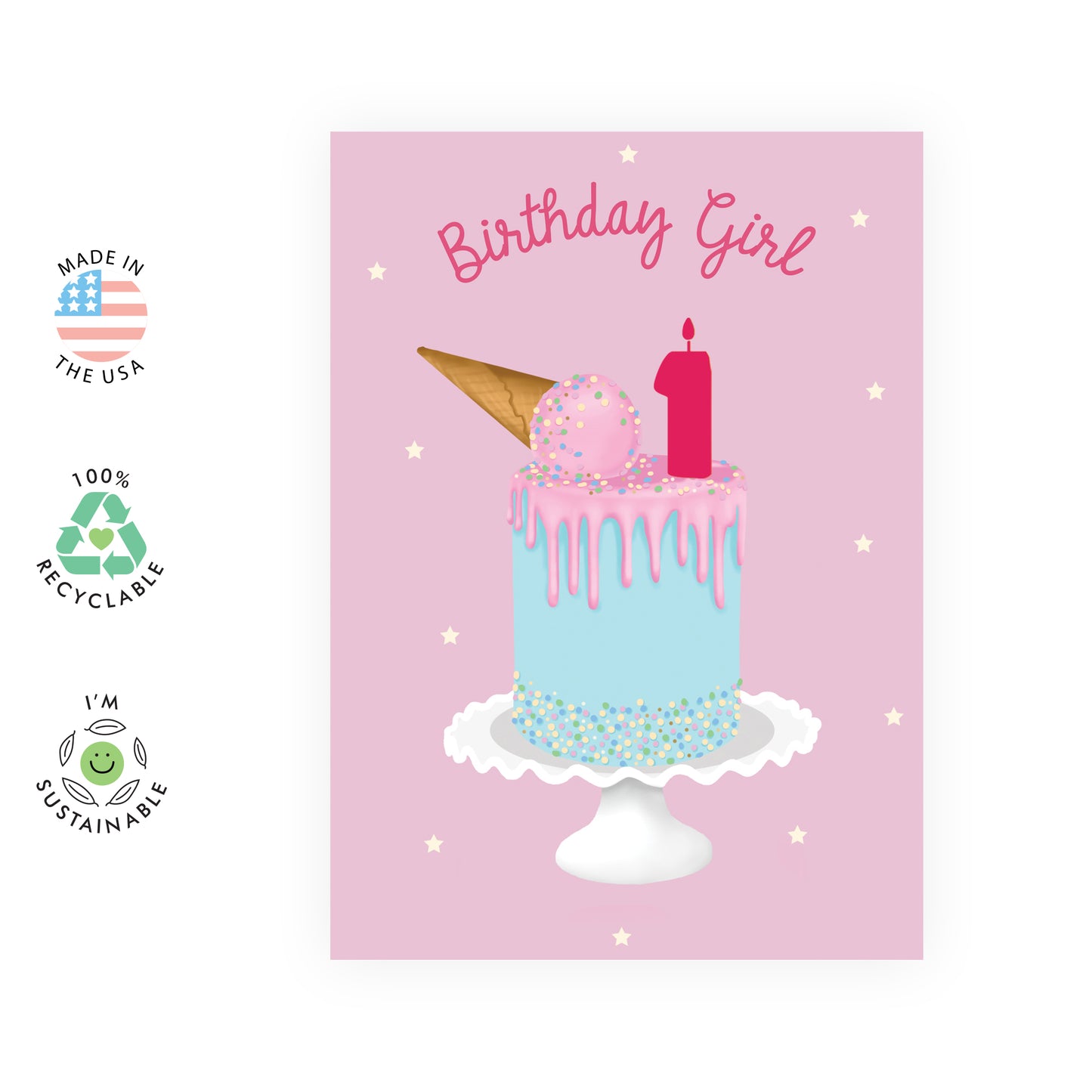 Cute 1st Birthday Card - Birthday Girl One - For Girls Kids Her