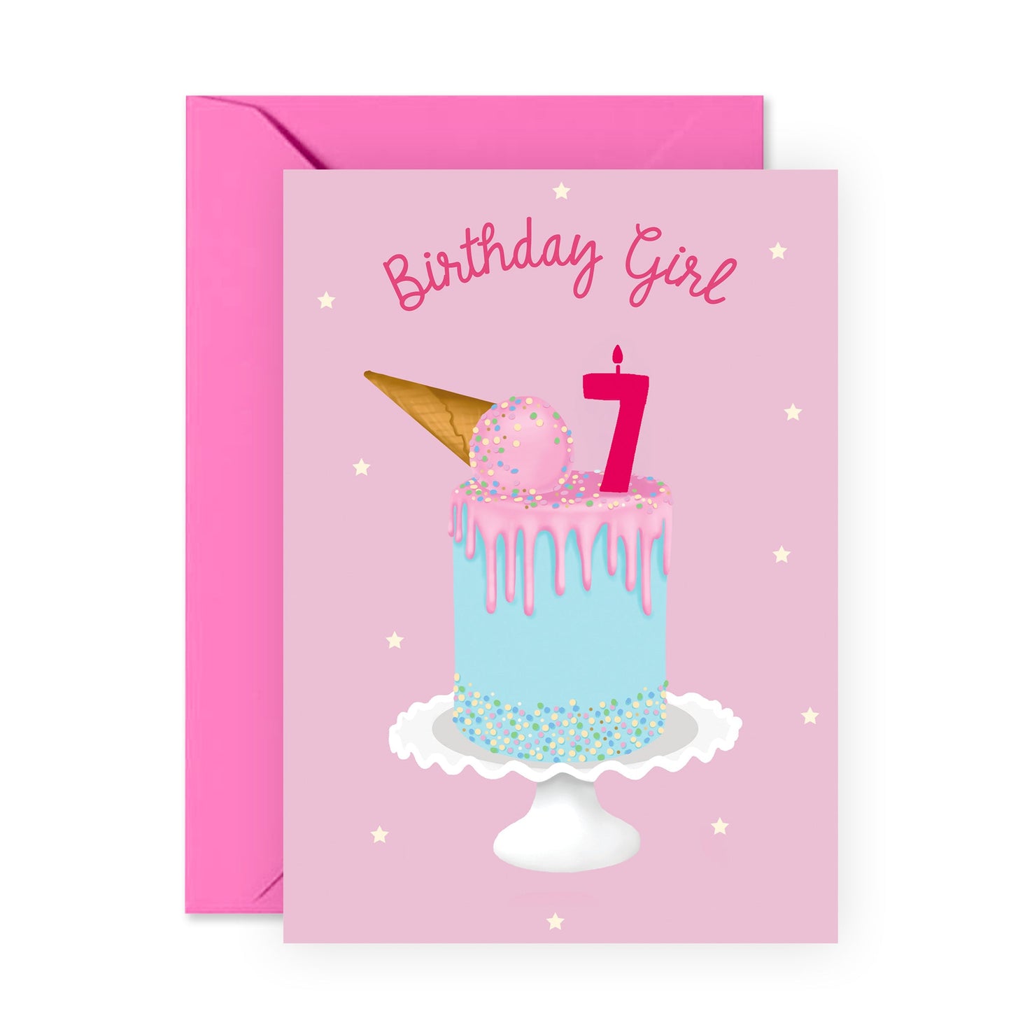 Seventh Birthday Card for Girls - Happy 7th Birthday - Age 7 - Seven Year Old - Pink Ice Cream Cake Greeting Card for Kids - Daughter Granddaughter - Toddler - Comes With Fun Stickers