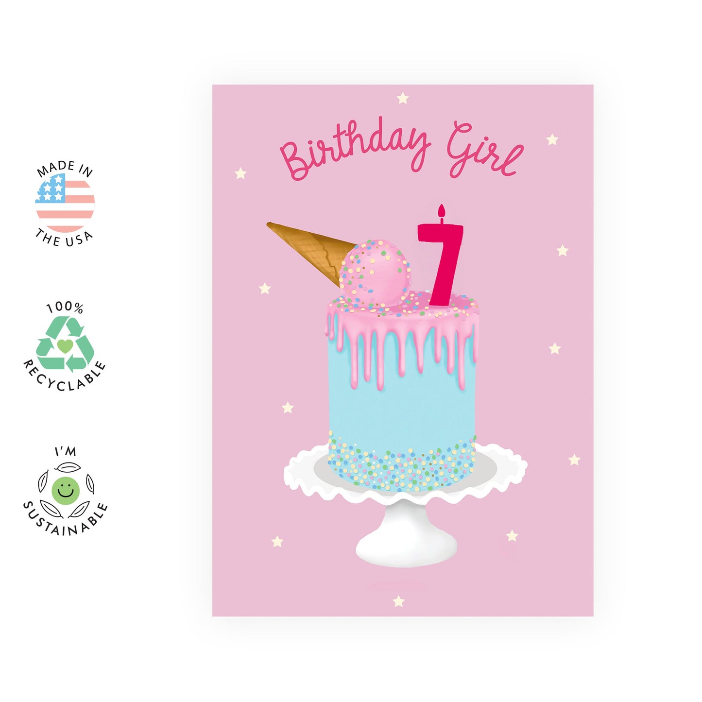 Seventh Birthday Card for Girls - Happy 7th Birthday - Age 7 - Seven Year Old - Pink Ice Cream Cake Greeting Card for Kids - Daughter Granddaughter - Toddler - Comes With Fun Stickers