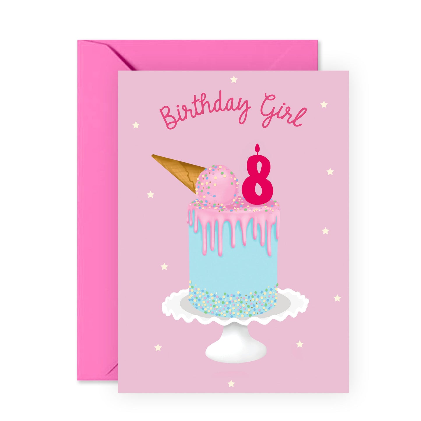 Eighth Birthday Card for Girls - Happy 8th Birthday - Age 8 - Eight Year Old - Pink Ice Cream Cake Greeting Card for Kids - Daughter Granddaughter - Toddler - Comes With Fun Stickers