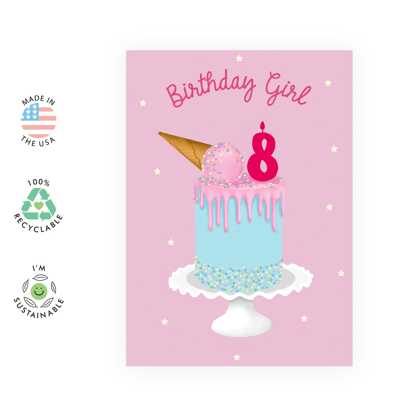 Eighth Birthday Card for Girls - Happy 8th Birthday - Age 8 - Eight Year Old - Pink Ice Cream Cake Greeting Card for Kids - Daughter Granddaughter - Toddler - Comes With Fun Stickers