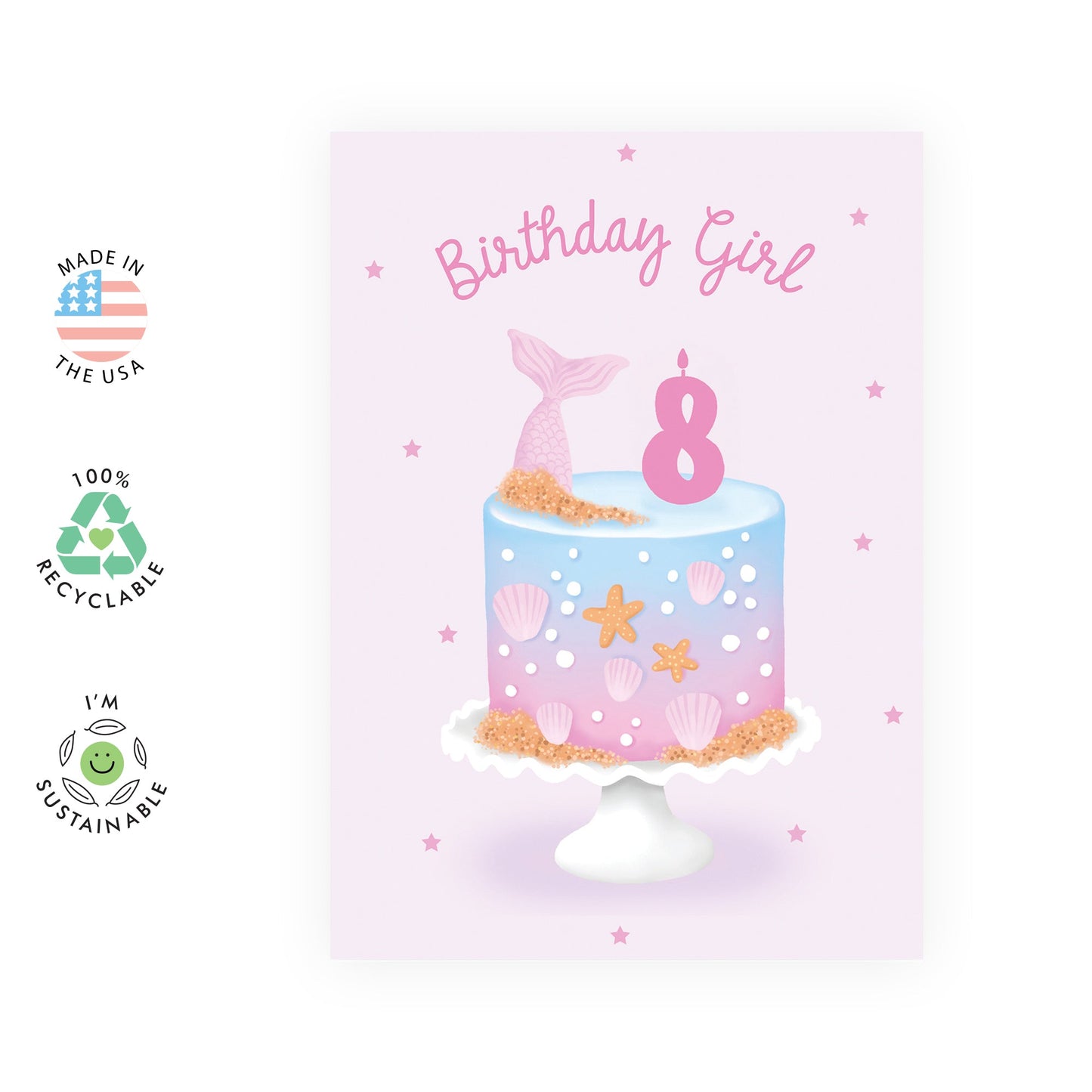 Eighth Birthday Card for Girls - Happy 8th Birthday Card - Age 8 - Eight Year Old - Cute Pastel Pink Blue Mermaid Shells - Kids - Daughter - Granddaughter - Comes With Fun Stickers