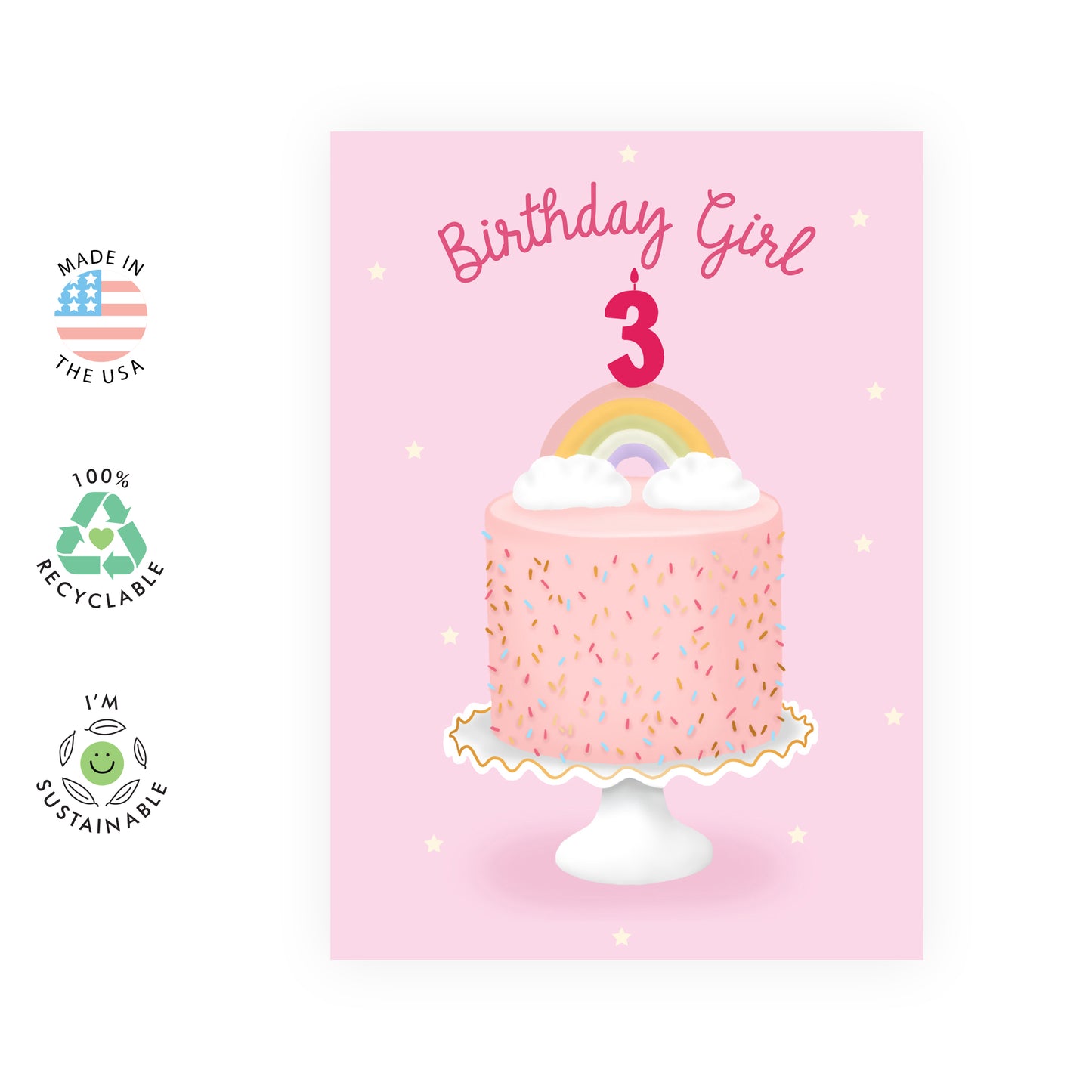Cute 3rd Birthday Card - Birthday Girl Three - For Girls Kids Her