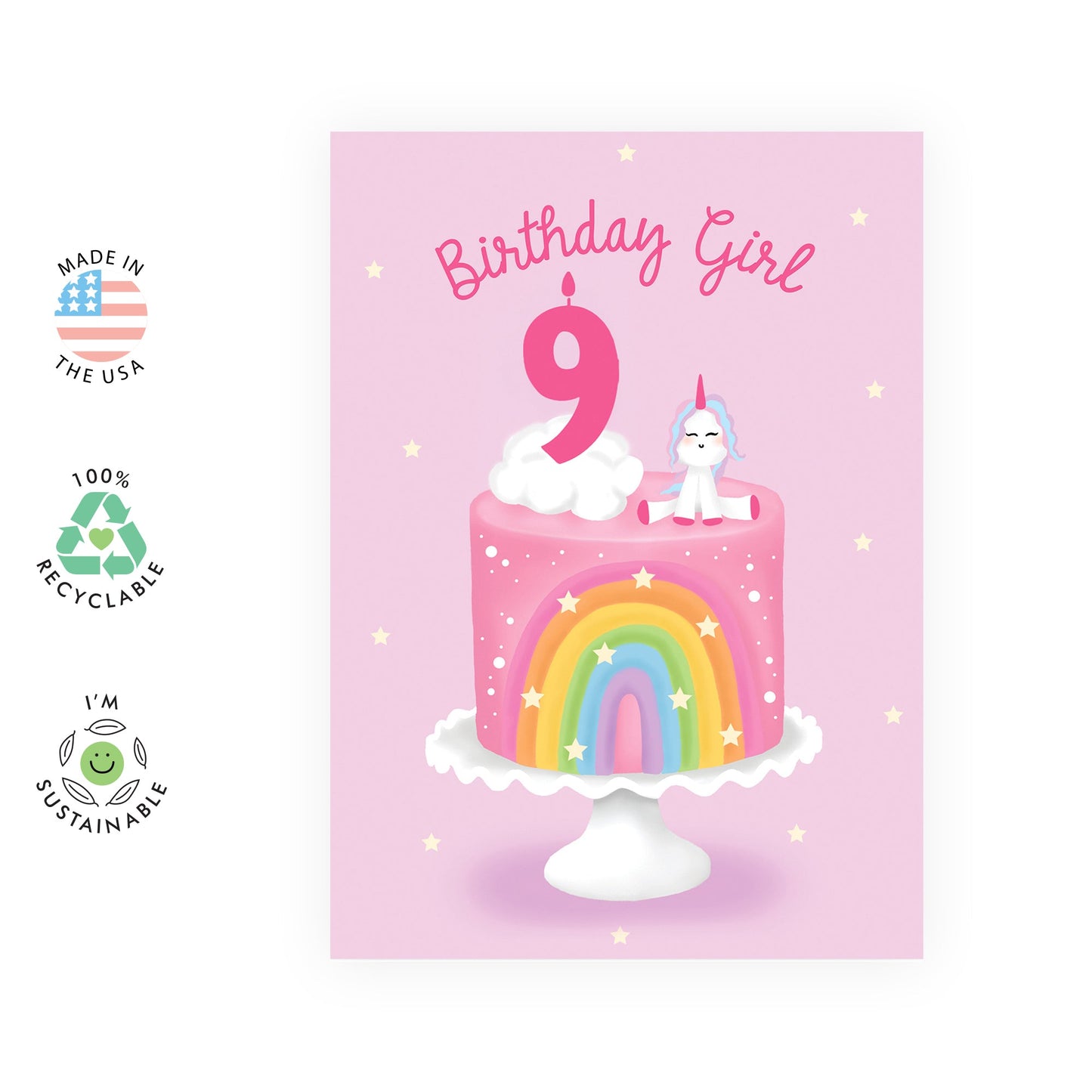 Ninth Birthday Card for Girls - Happy 9th Birthday Card - Age 9 - Nine Year Old - Rainbow Cloud and Unicorn Card for Kids Daughter - Granddaughter - Comes With Fun Stickers