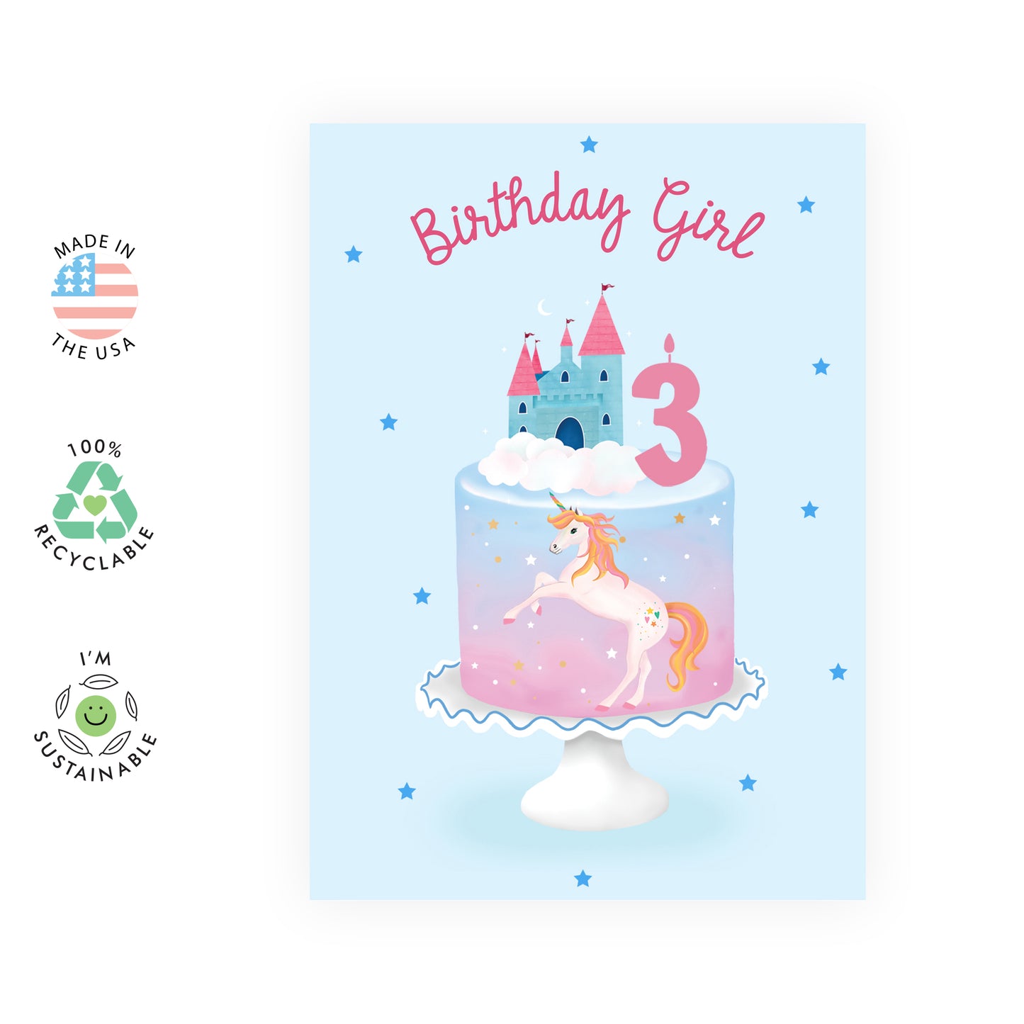 3rd Birthday Card - Birthday Girl Three Unicorn - For Girls Kids Her