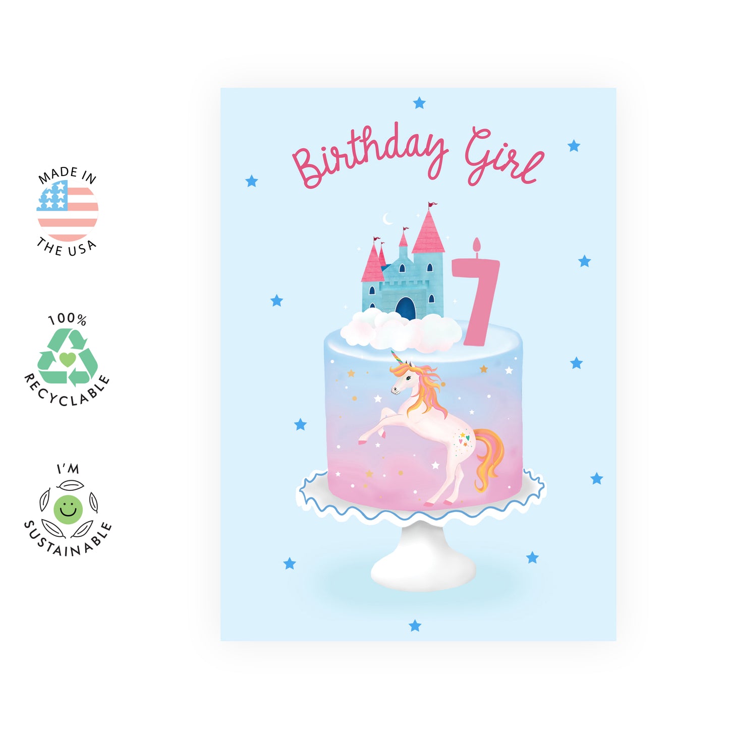 7th Birthday Card - Birthday Girl Seven Unicorn - For Girls Kids Her