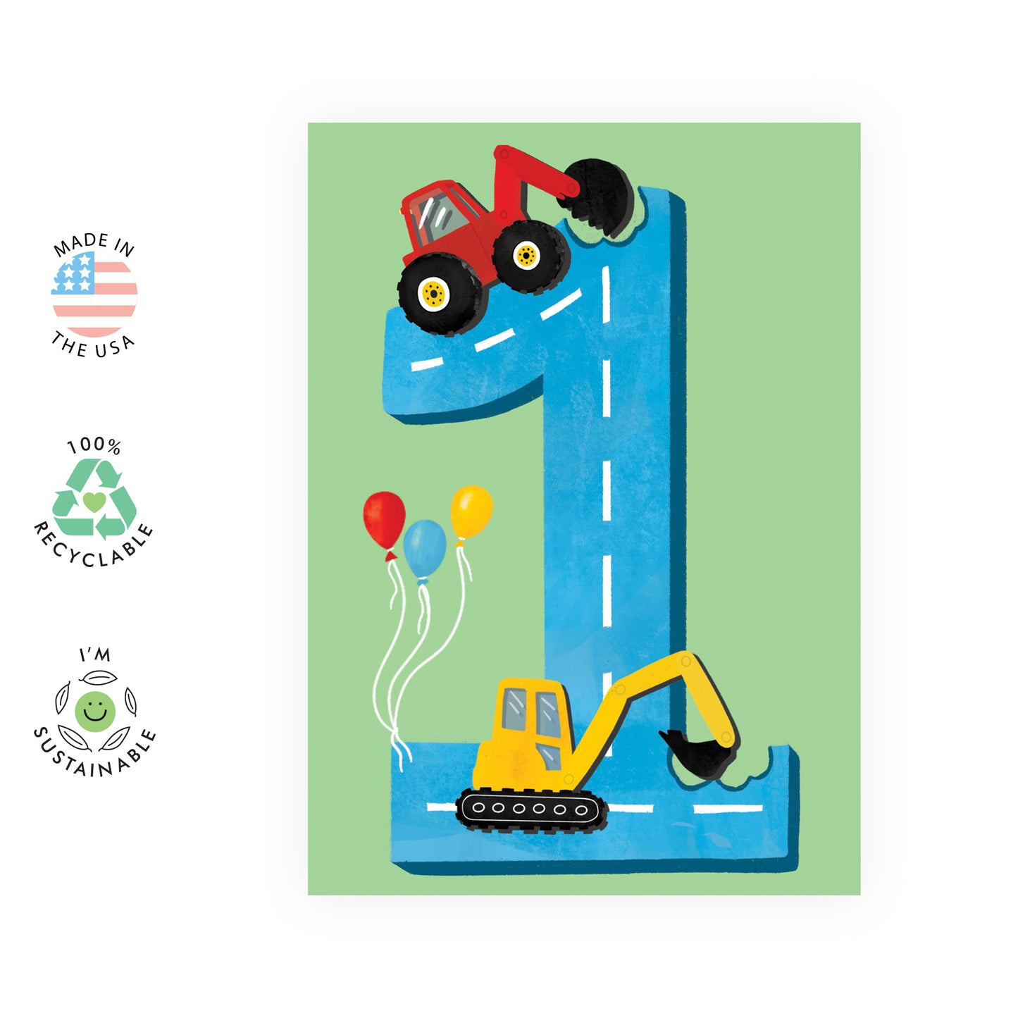 1st Birthday Card - Diggers Age One - For Boys Him Kids