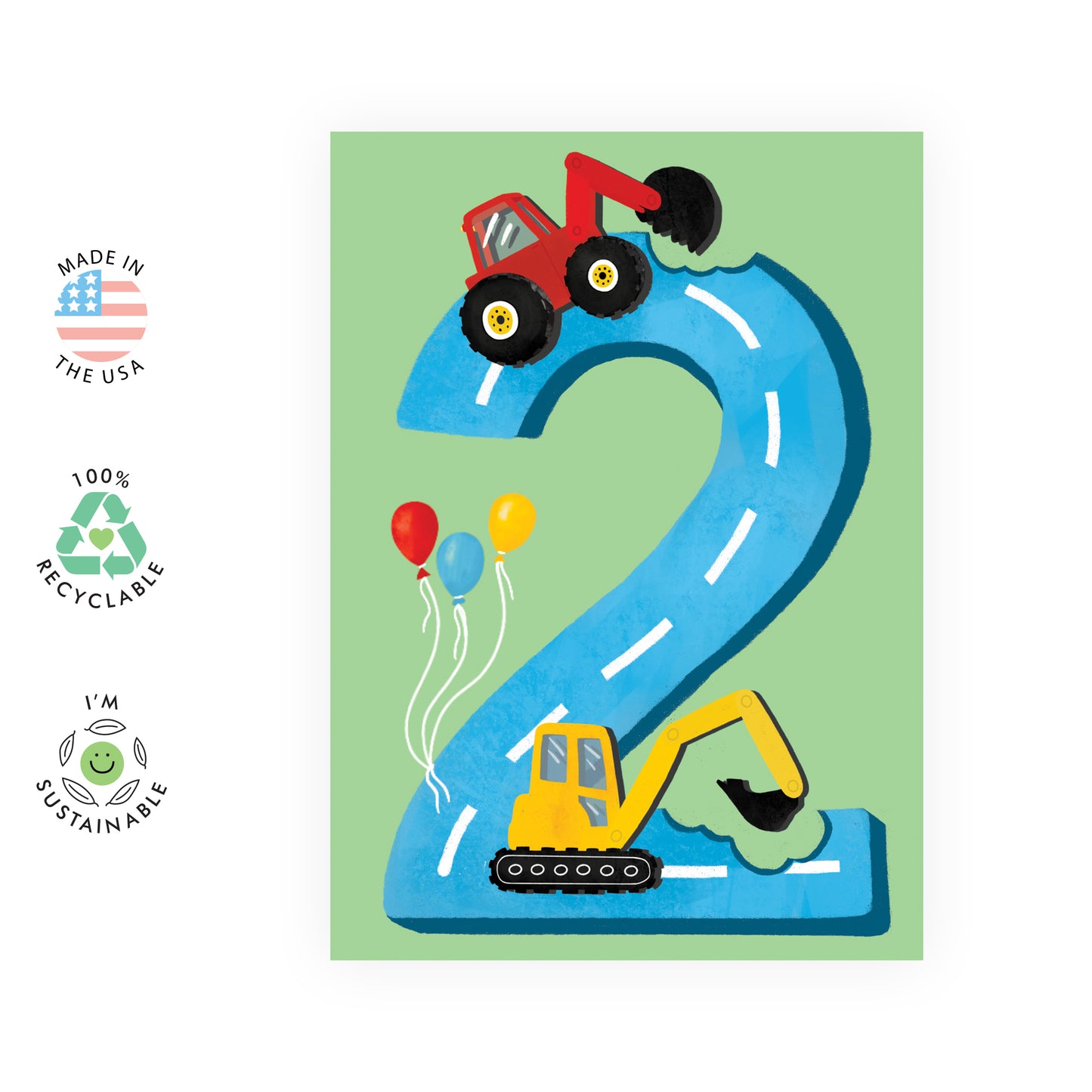 2nd Birthday Card - Diggers Age Two - For Boys Him Kids