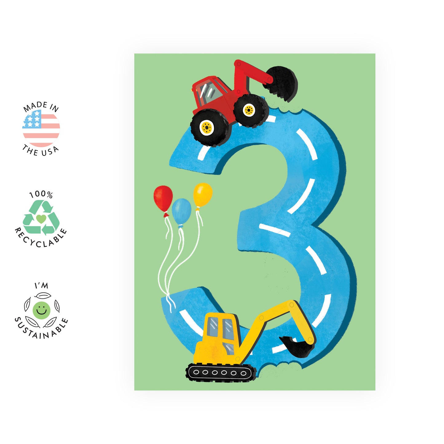 3rd Birthday Card - Diggers Age Three - For Boys Him Kids