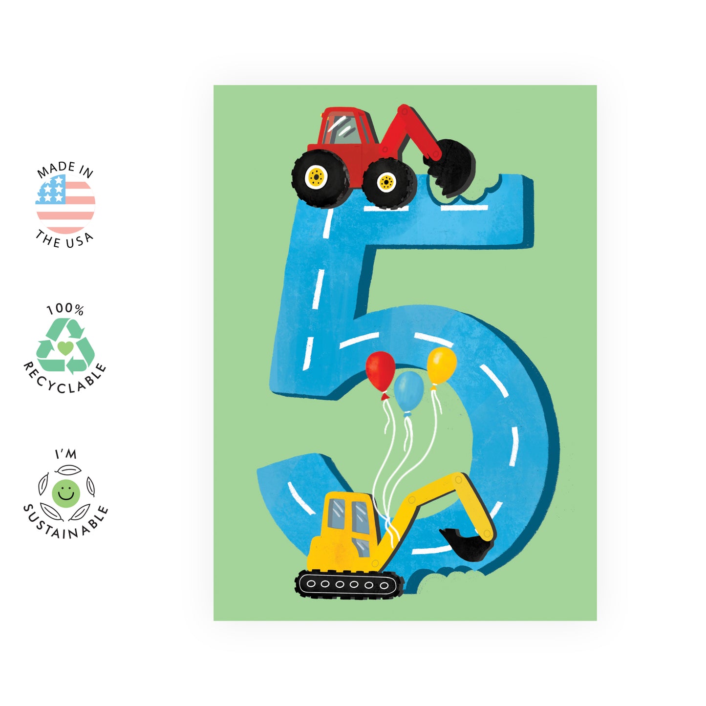 5th Birthday Card - Diggers Age Five - For Boys Him Kids