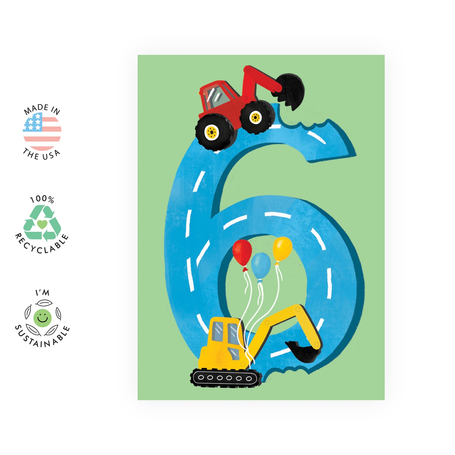 6th Birthday Card - Diggers Age Six - For Boys Kids Him