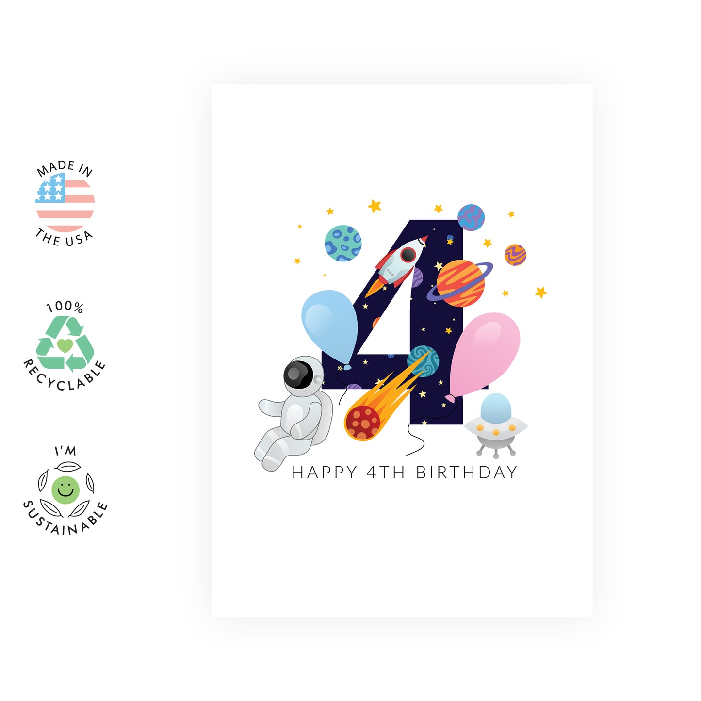 Space Birthday Card - Happy 4th Birthday - For Kids Boys Girls