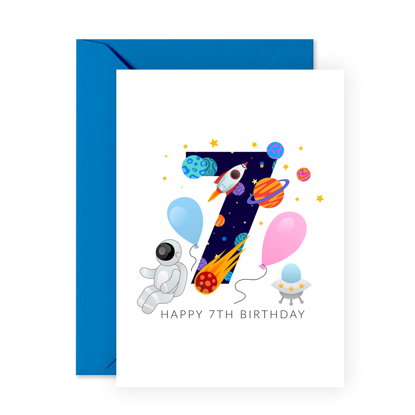 Space Birthday Card - Happy 7th Birthday - For Kids Boys Girls