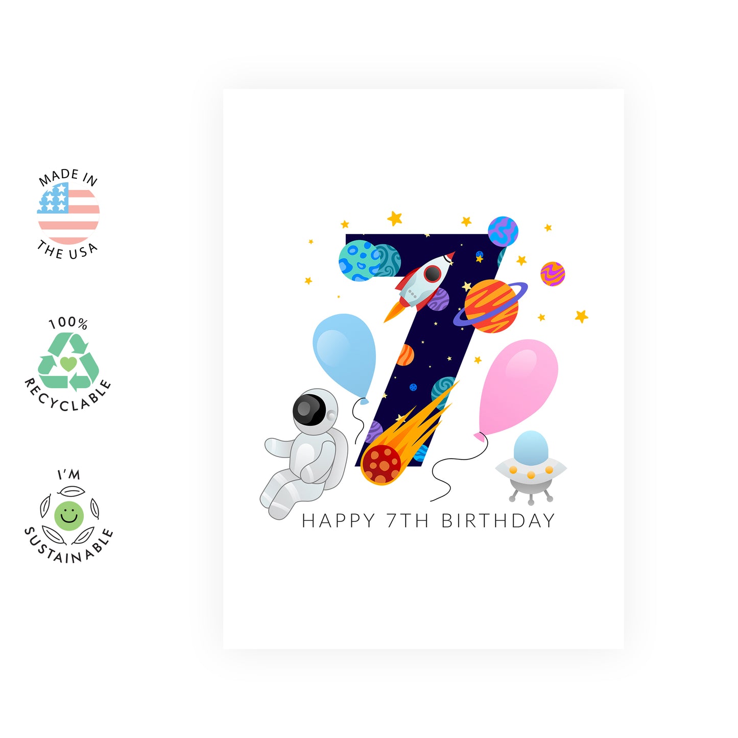 Space Birthday Card - Happy 7th Birthday - For Kids Boys Girls