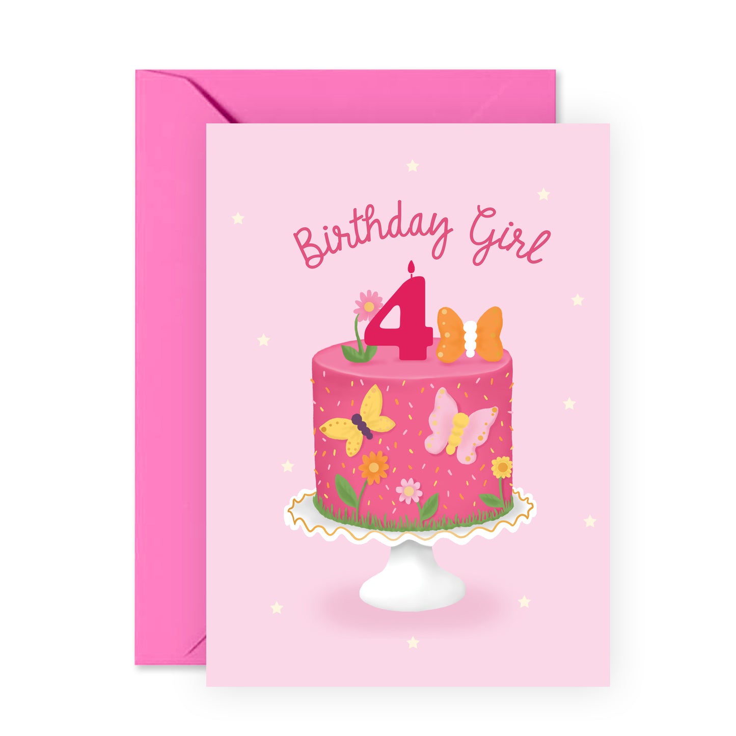 4th Birthday Card - Birthday Girl Four Butterfly - For Girls Kids Her