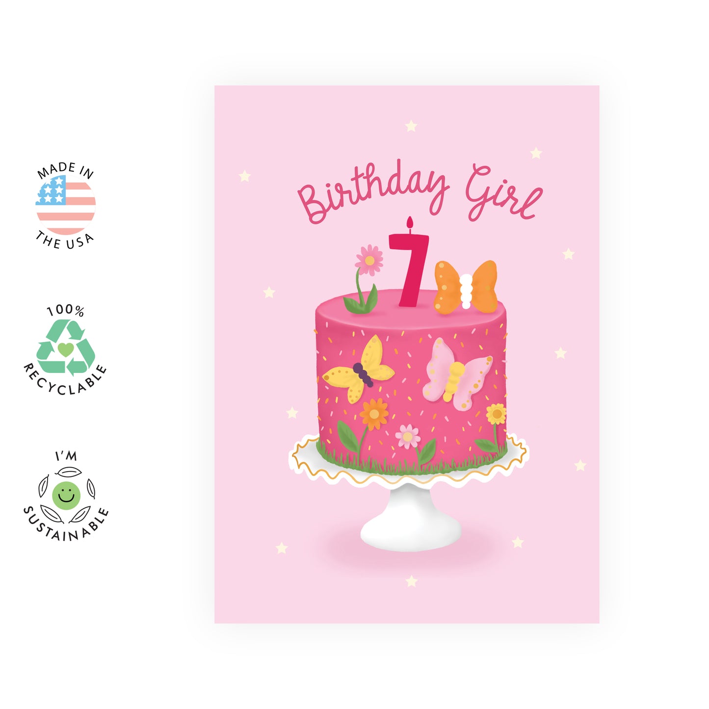 7th Birthday Card - Birthday Girl Seven Butterfly - For Girls Kids Her