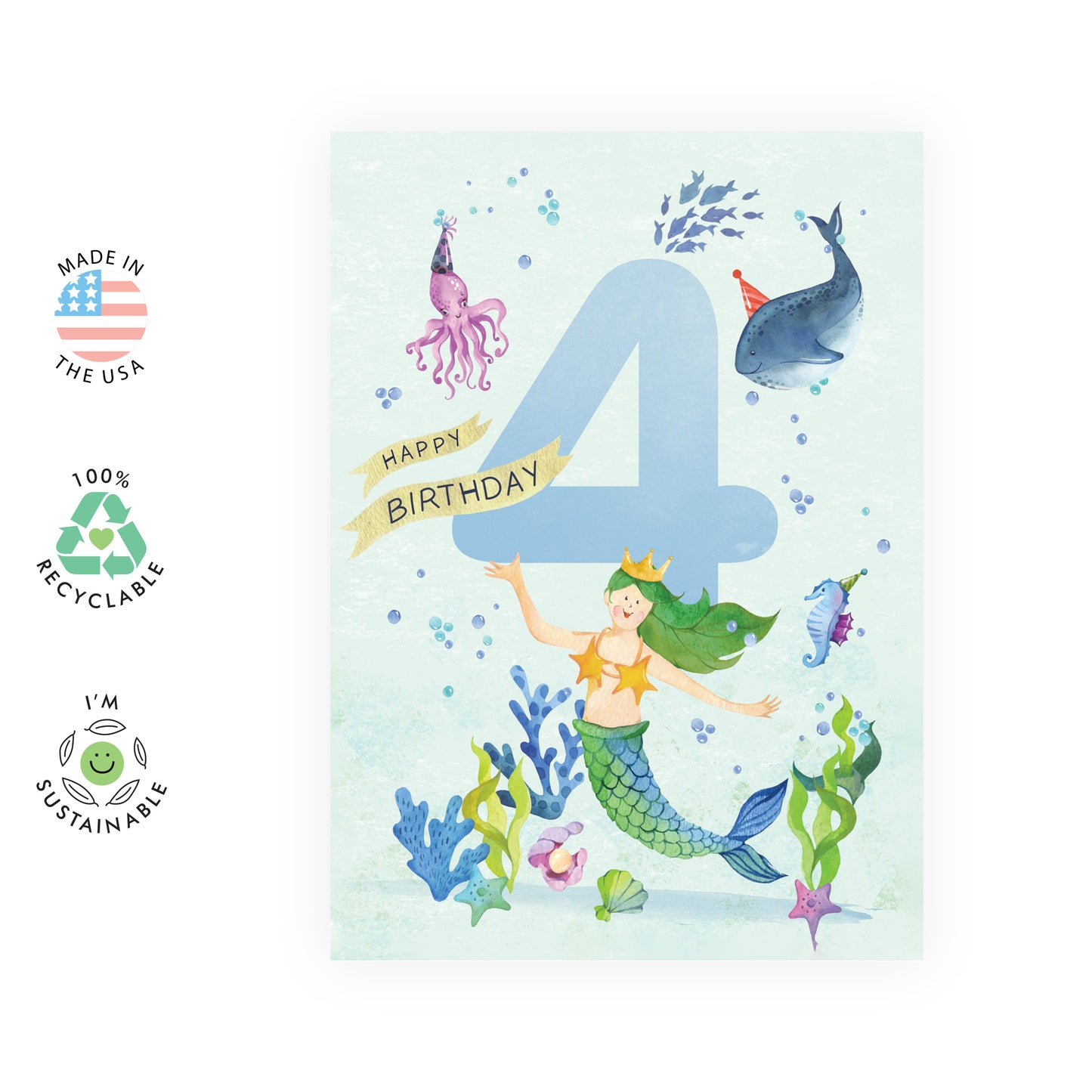 4th Birthday Card - Happy Birthday 4 - For Kids Girls