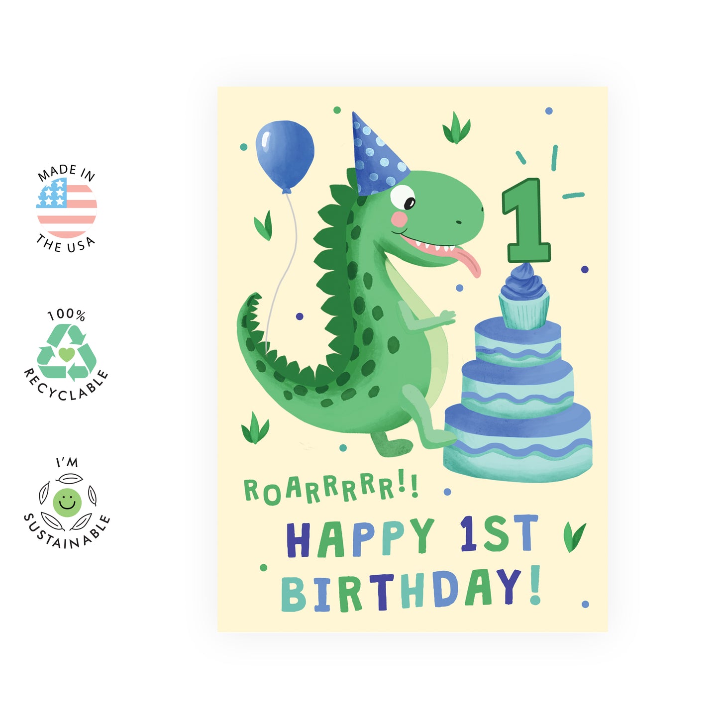 Dinosaur Birthday Card - Happy 1st Birthday - For Kids Boys Girls