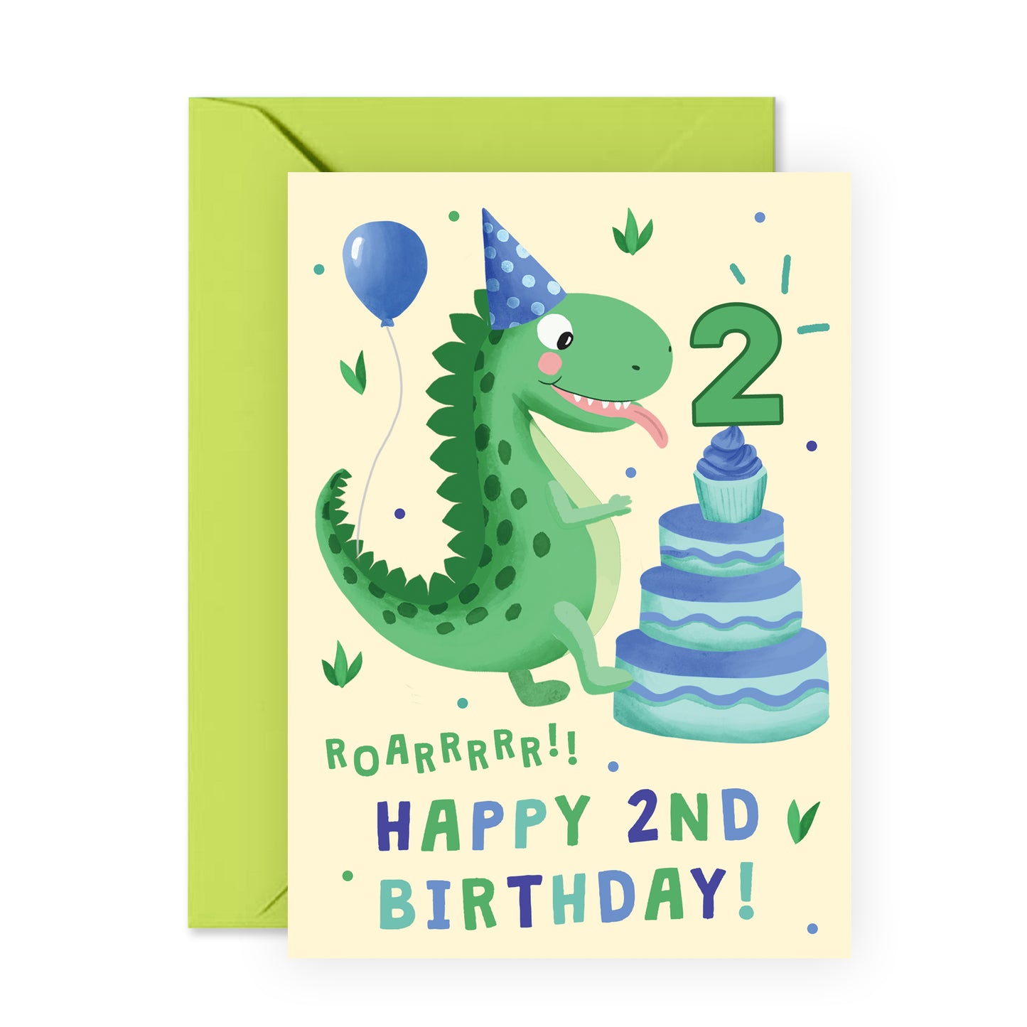 Dinosaur Birthday Card - Happy 2nd Birthday - For Kids Boys Girls