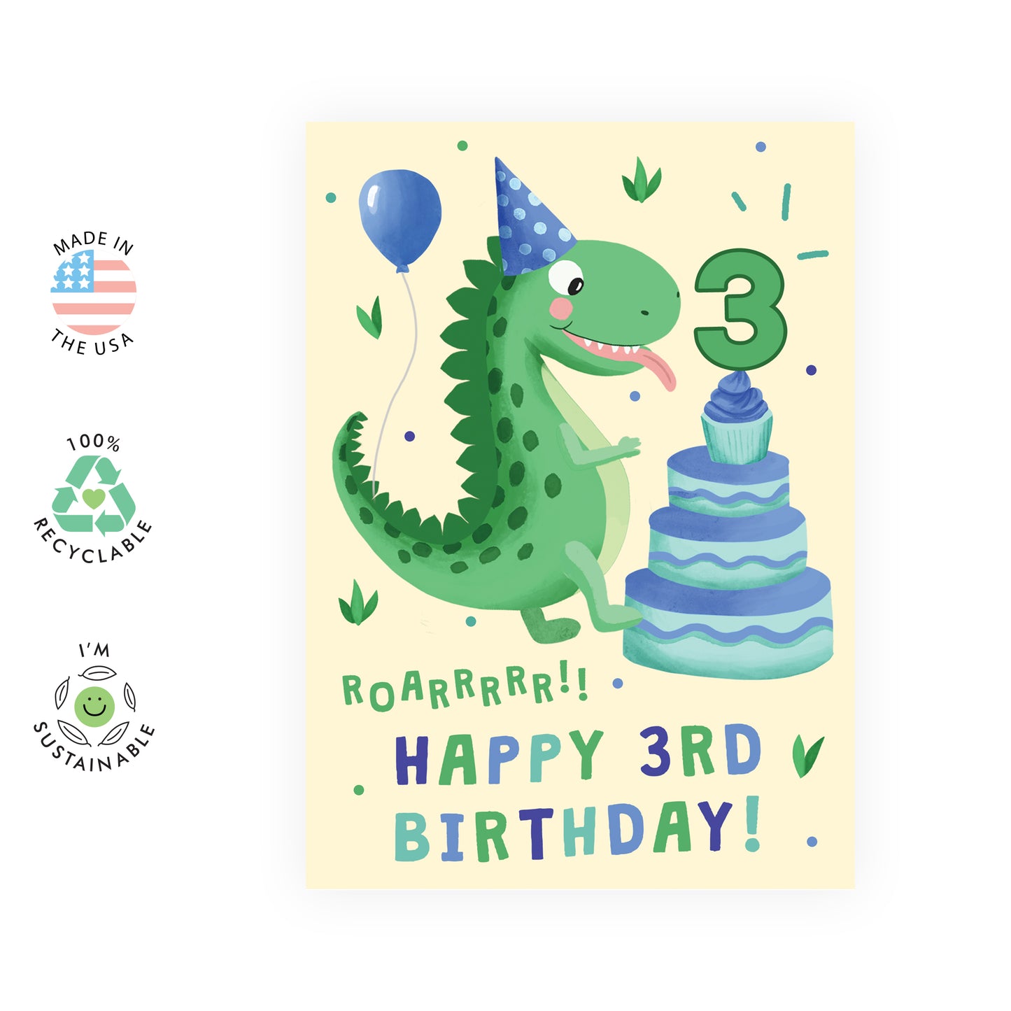Dinosaur Birthday Card - Happy 3rd Birthday - For Kids Boys Girls
