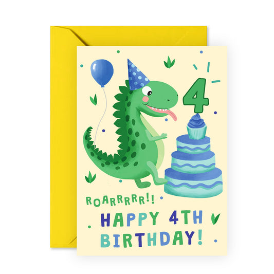 Dinosaur Birthday Card - Happy 4th Birthday - For Kids Boys Girls