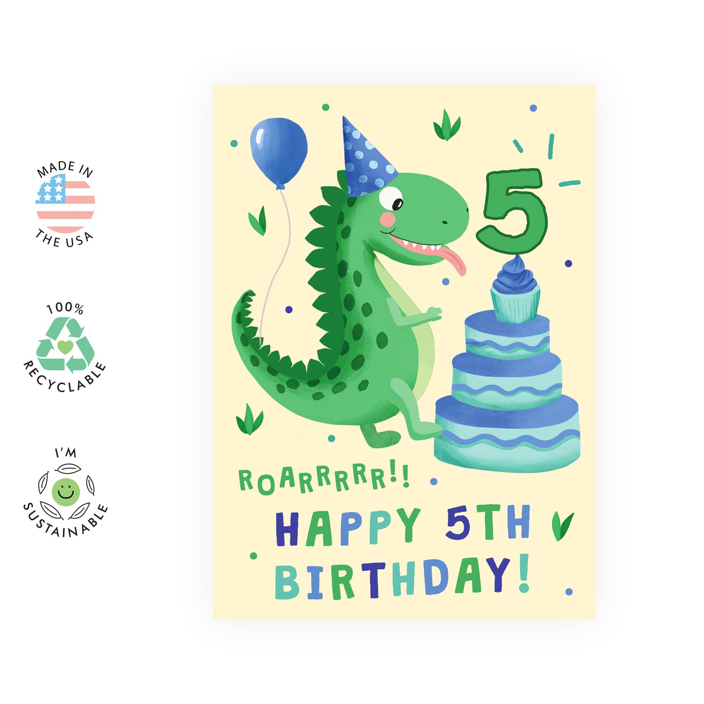 Dinosaur Birthday Card - Happy 5th Birthday - For Kids Boys Him
