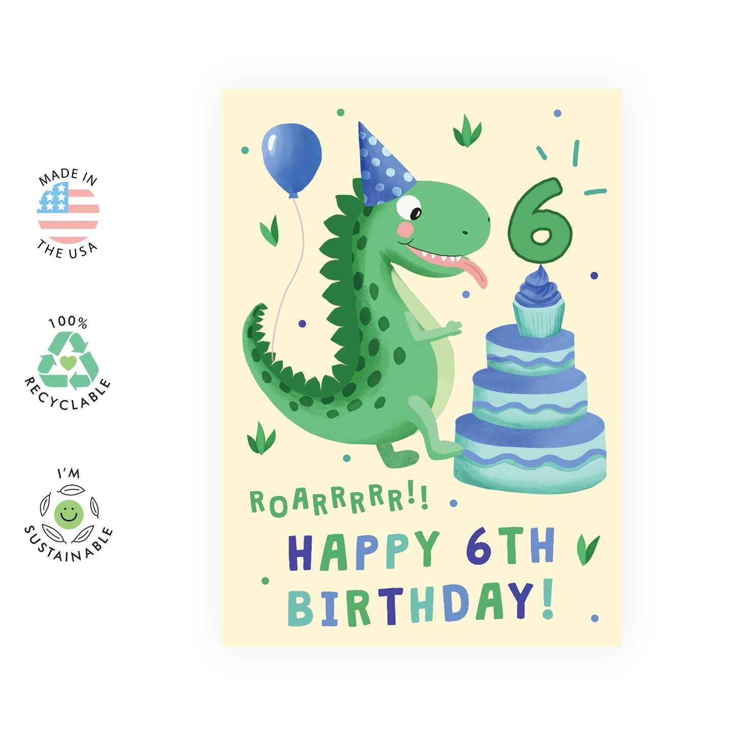 Dinosaur Birthday Card - Happy 6th Birthday - For Kids Boys Girls