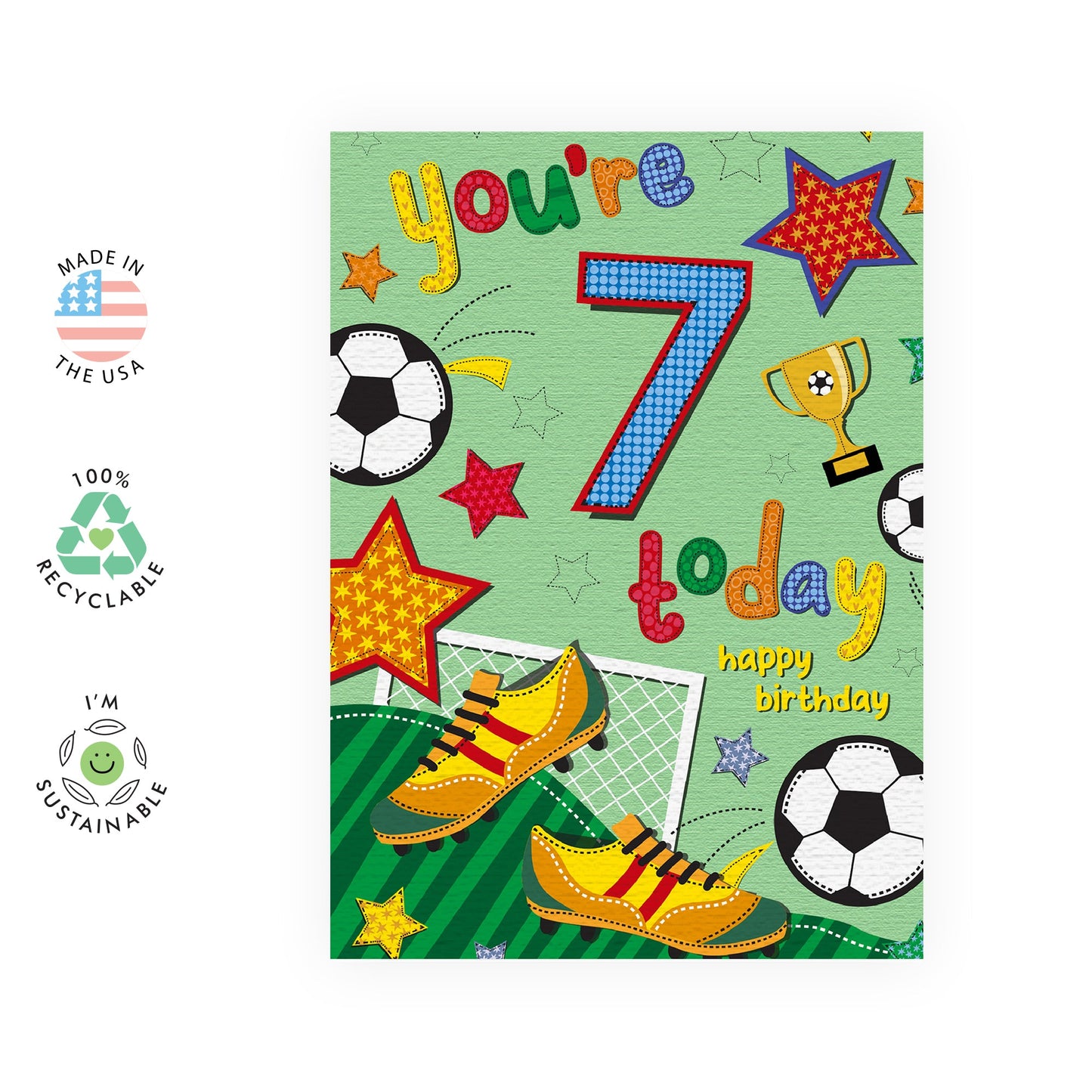 Seventh Birthday Card For Boys - Football Age 7 - Seven Year Old Kids Birthday Card - Happy 7th Birthday Greeting Card For Son - Nephew Grandson - Comes With Stickers
