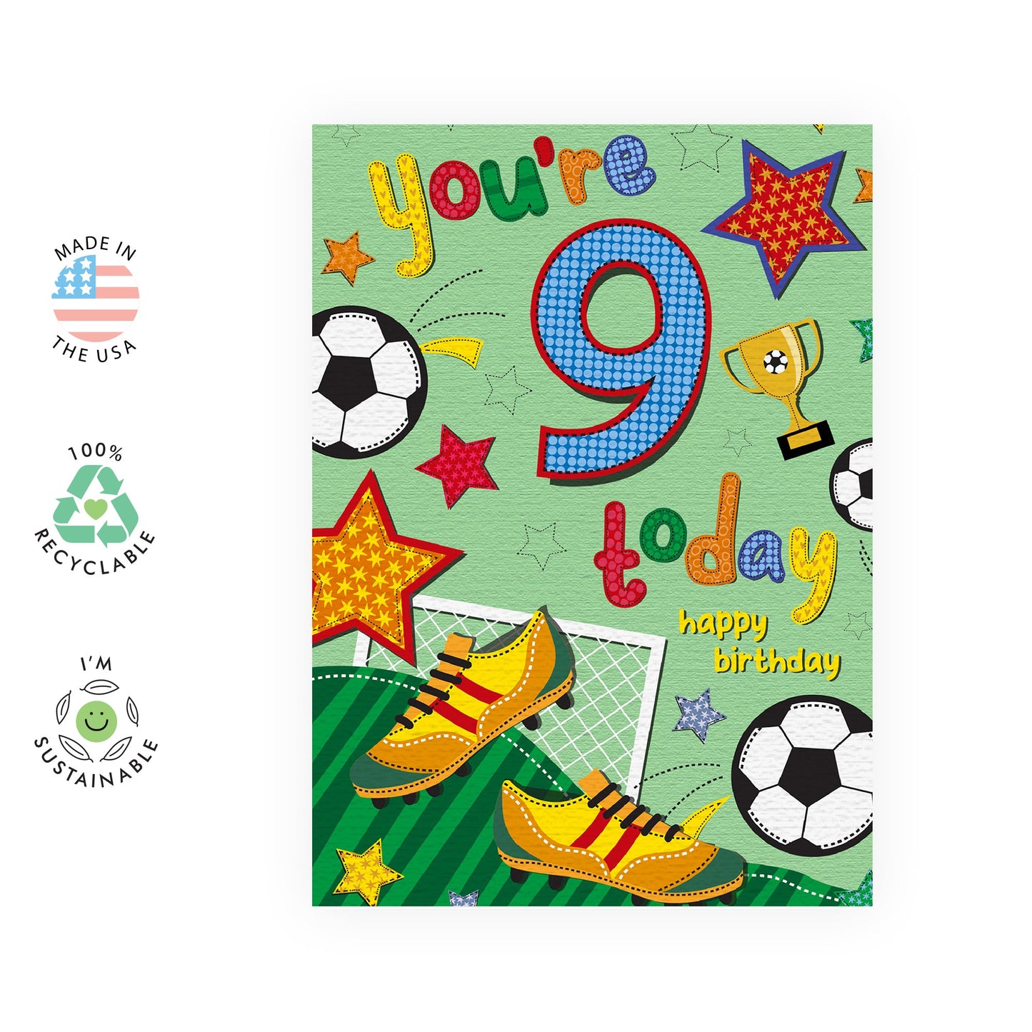 Happy 9th Birthday Card For Kids - Football Age 9 - Nine Year Old Son Birthday Card - Bday Cards For His Ninth Bday - Gifts For Godson Nephew Grandson - Comes With Stickers