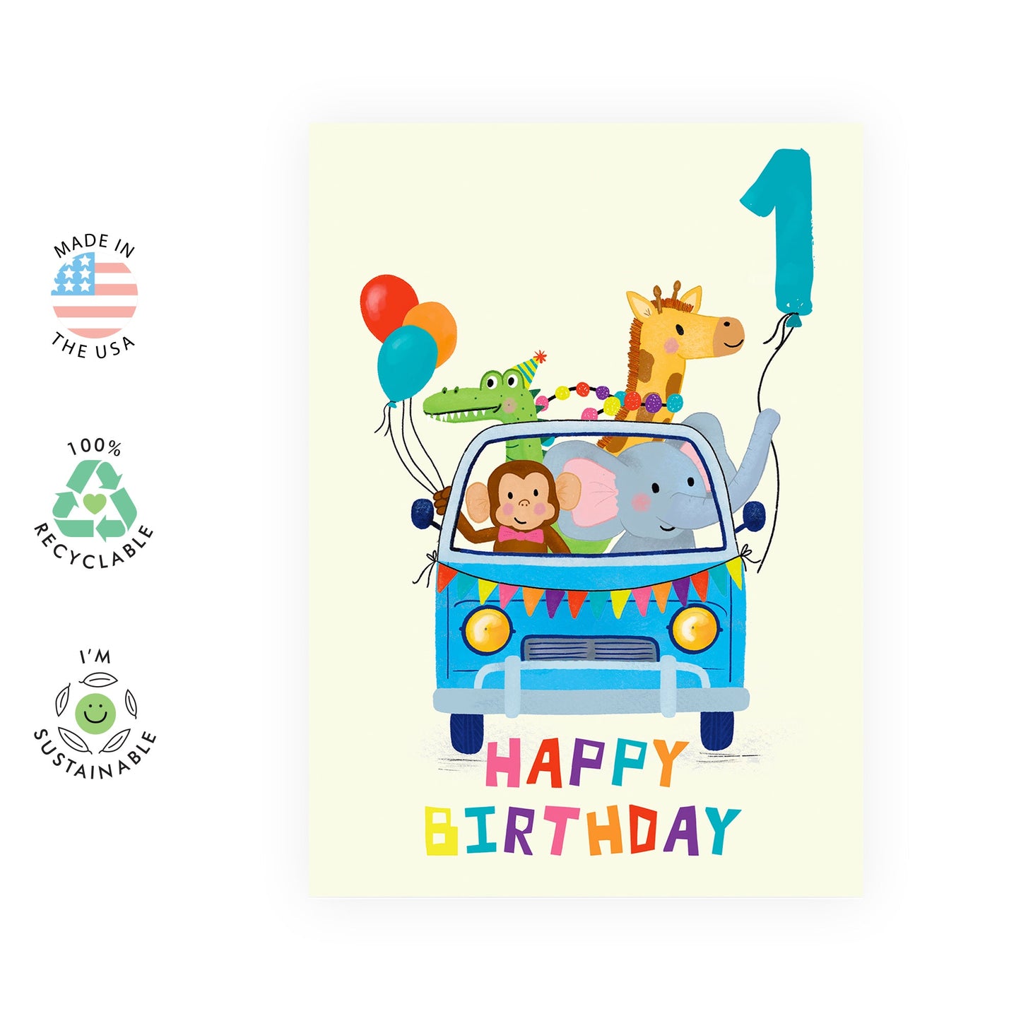 1st Birthday Card for Kids Grandson Nephew - 'BDAY Car Animals Age 1' - Happy First Birthday Card for Son - Milestone Baby Card - Comes With Stickers