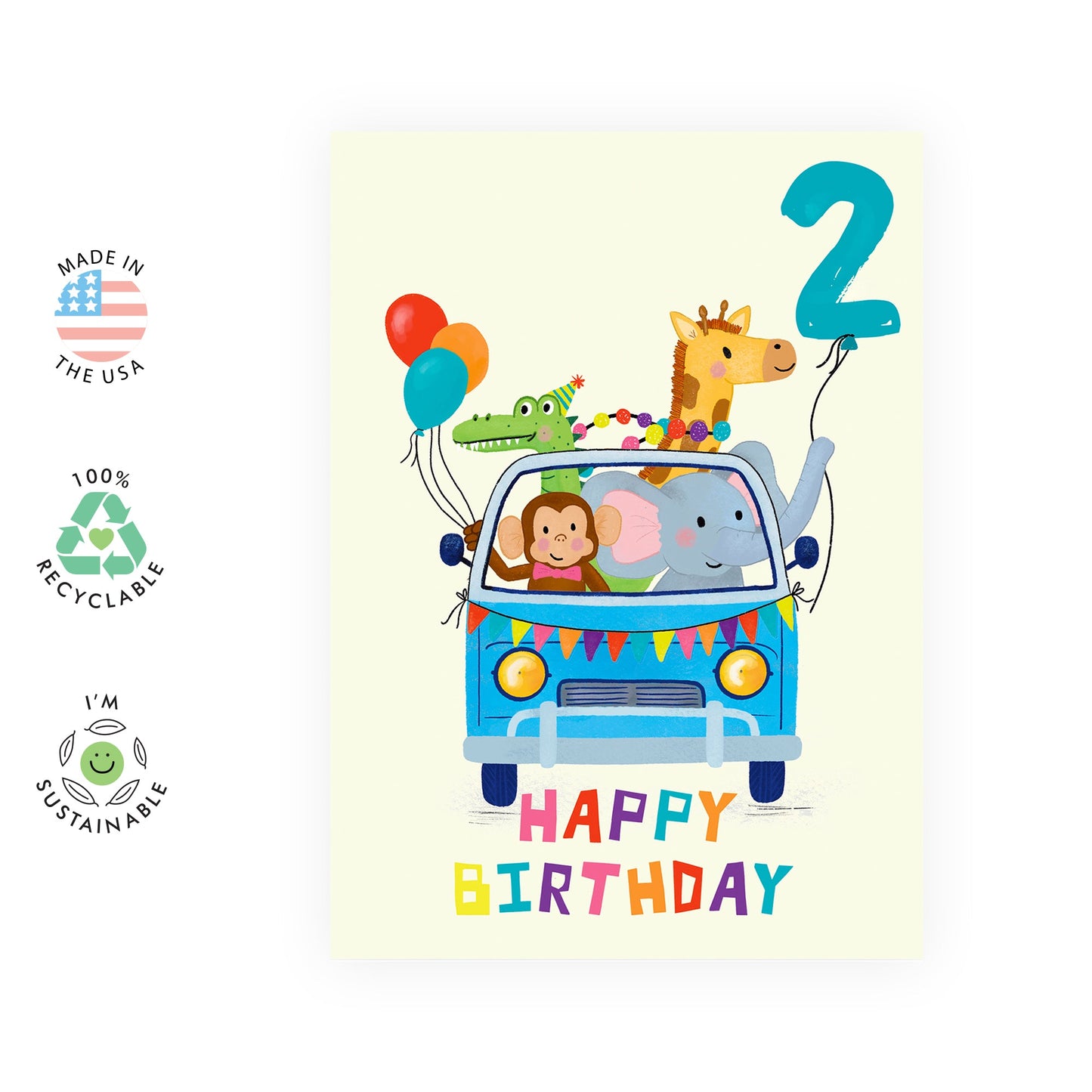 Happy 2nd Birthday Card For Boys Girls Kids - 'BDAY Car Animals Age 2' - Second Birthday Greeting Card For Kids Toddler - Two Year Old - Gifts For Son - Comes With Stickers