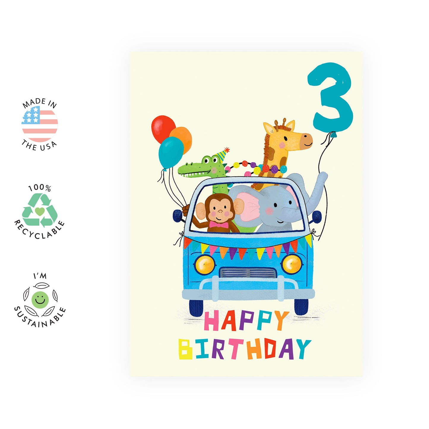 Third Birthday Card For Boys - 'BDAY Car Animals Age 3' - Three Year Old - Happy 3rd Birthday Greeting Card For Kids - Son - Toddler - Comes With Stickers