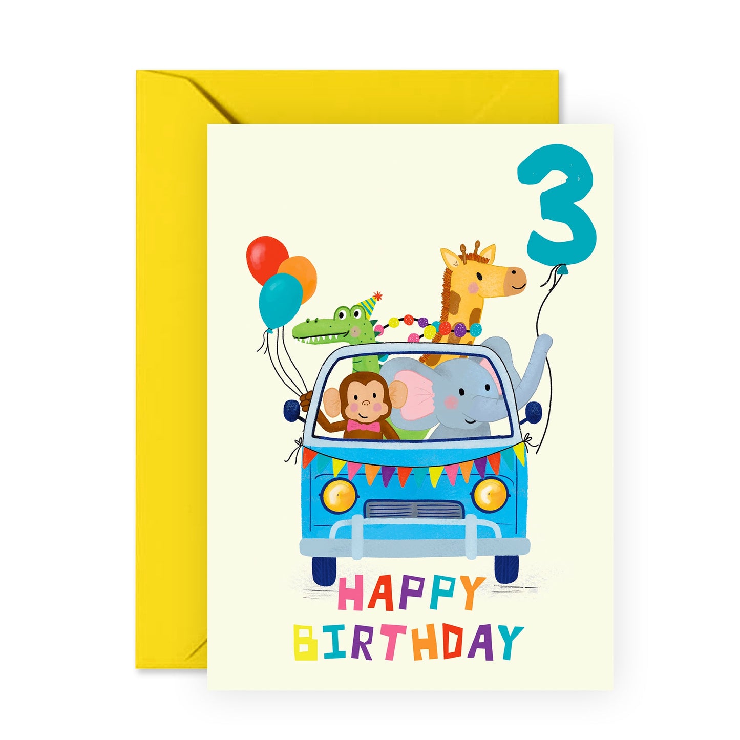 Third Birthday Card For Boys - 'BDAY Car Animals Age 3' - Three Year Old - Happy 3rd Birthday Greeting Card For Kids - Son - Toddler - Comes With Stickers