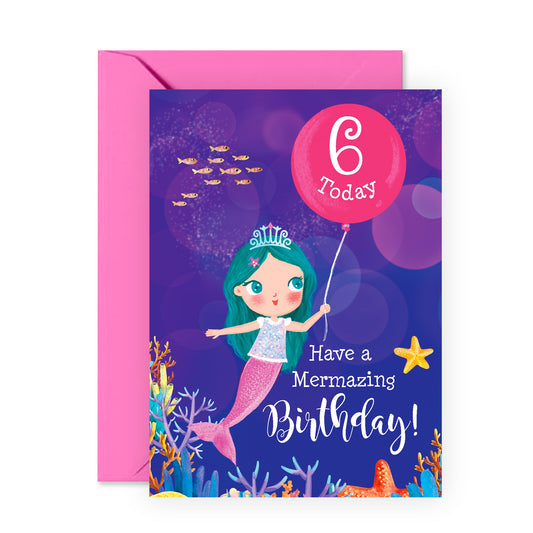 Sixth Birthday Card for Girls - Mermazing Mermaid 6th Bday - Six Years Old - Happy 6th Birthday Greeting Card for Girls - Kids - Daughters - Niece - Sister - Comes With Stickers