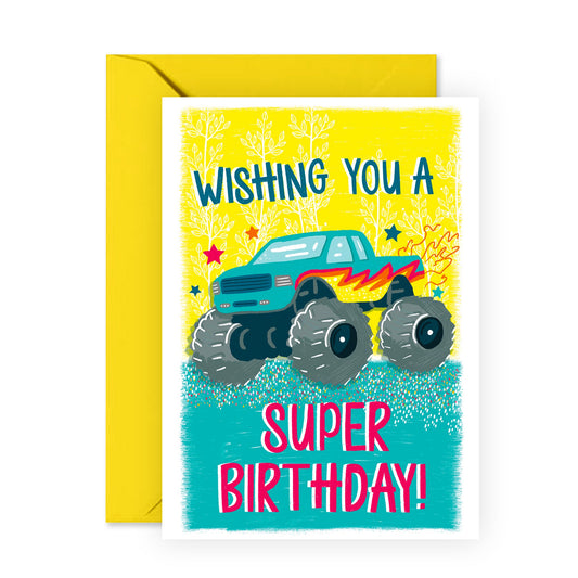 Monster Truck Birthday Card for Boys – Colourful and Fun Greeting Card for Kids, Children, Him, Son, Nephew,Grandson - Cool Cars - Comes with Fun Stickers
