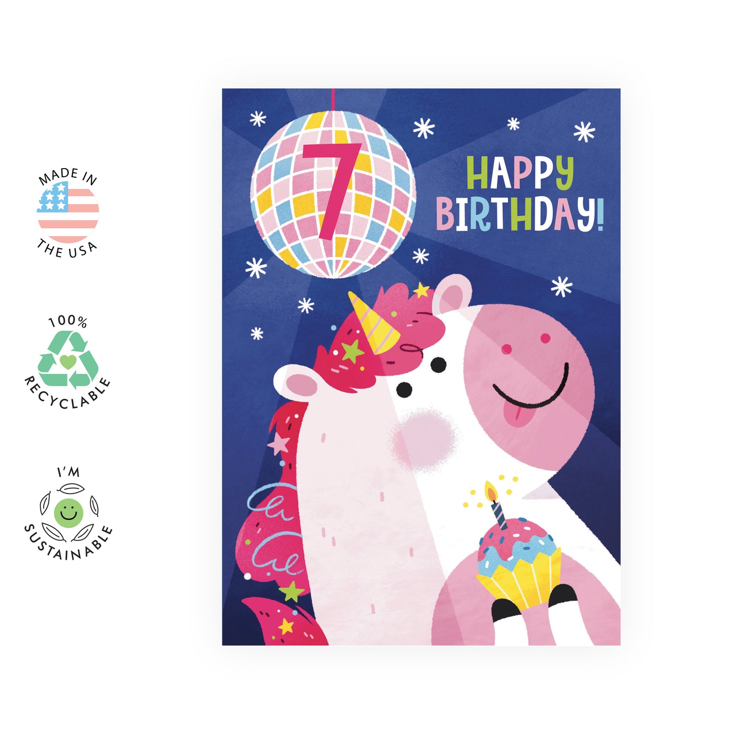7th Birthday Card - Happy Birthday 7 Unicorn - For Kids Girls