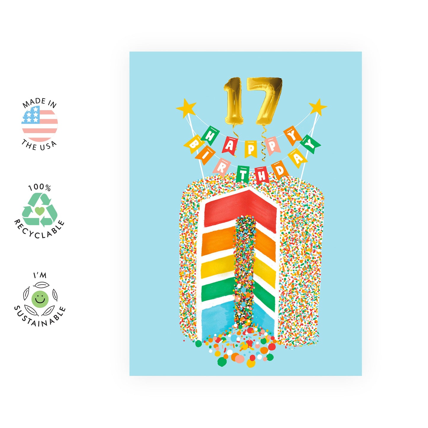 Happy Birthday Cards For Girls Age 17 - Teenager - Happy 17th Birthday Card For Daughter - Seventeenth Birthday Cards - Rainbow Cake - Comes With Fun Stickers - Made In Uk