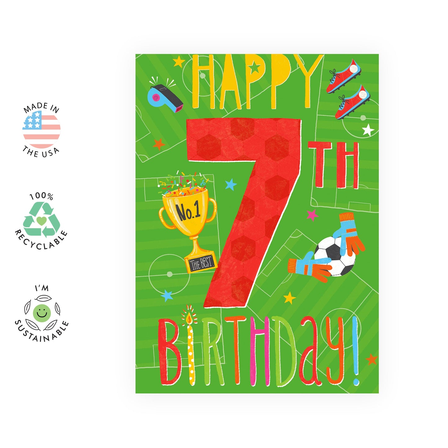 Happy 7th Birthday Card For Boys - Football Birthday Cards - Gifts For Grandson Godson Nephew - Seventh Bday - Seven Year Old - Comes With Fun Stickers