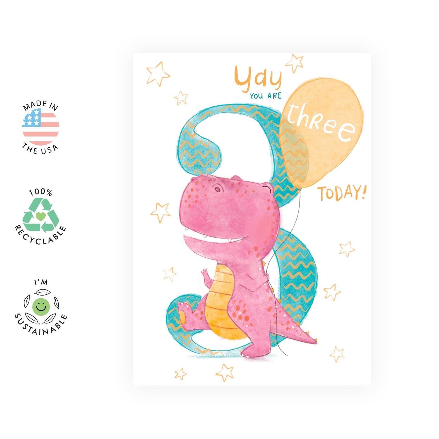 Third Birthday Card For Girl - Daughter Birthday Card Age Three - Milestone Baby Greeting Cards 3 Year Old - Dinosaur Birthday Card For Kids - Happy 3rd Bday - Comes With Fun Stickers