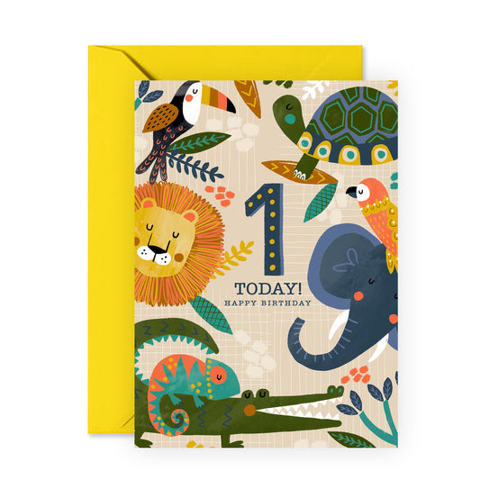 First Birthday Card Boy - Son Birthday Card - Happy Birthday Card One Year Old - Cute Safari Animals Greeting Cards For Kids - Elephant Turtle Lion Chameleon - Comes With Stickers