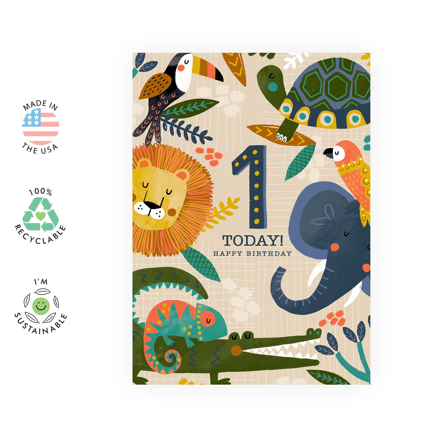 First Birthday Card Boy - Son Birthday Card - Happy Birthday Card One Year Old - Cute Safari Animals Greeting Cards For Kids - Elephant Turtle Lion Chameleon - Comes With Stickers