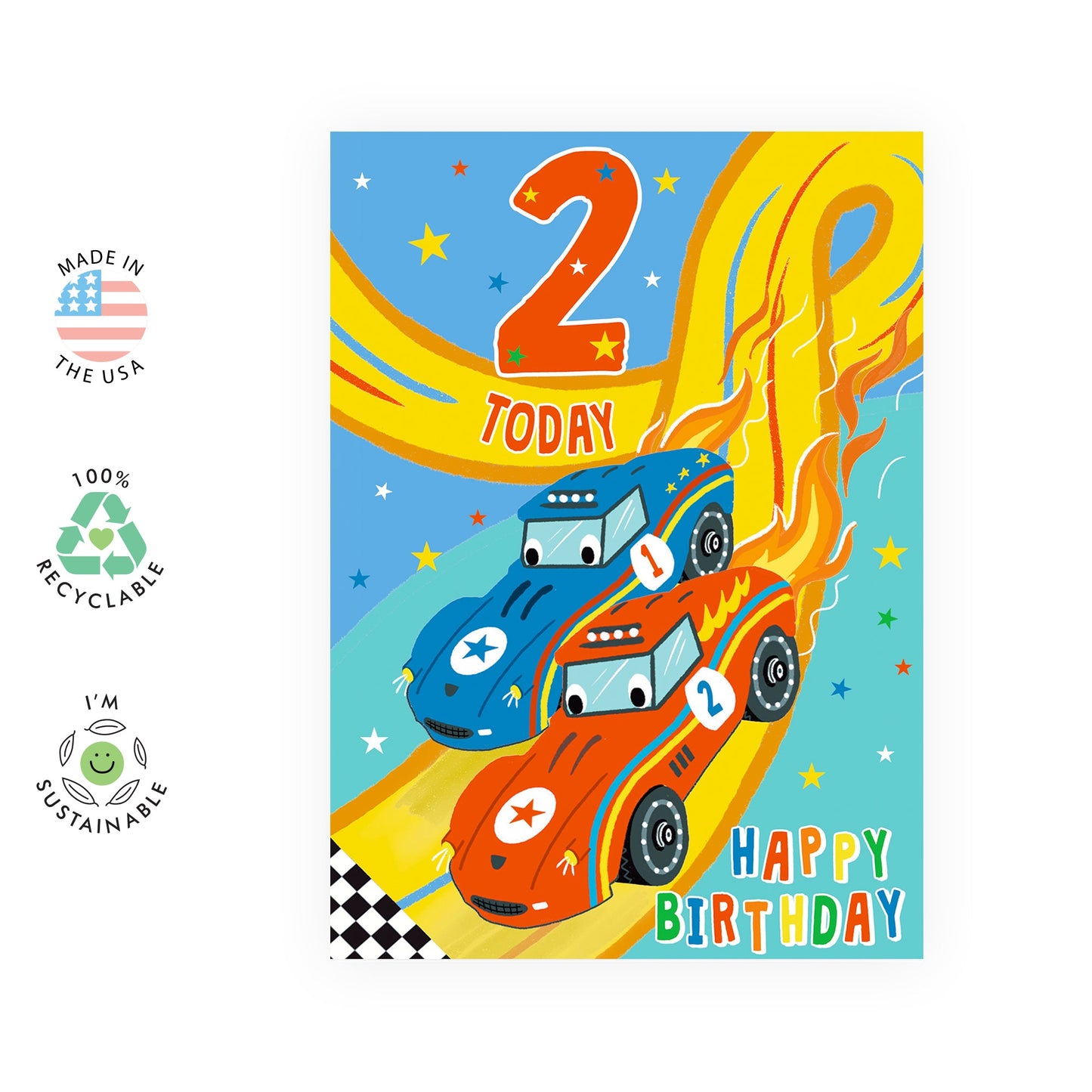 2nd Birthday Card - Milestone Baby Cards Age Two - Race Car - Son Birthday Card Two Year Old - Second Birthday Cards. -Gifts For Boys - Comes With Fun Stickers - Vegan Ink