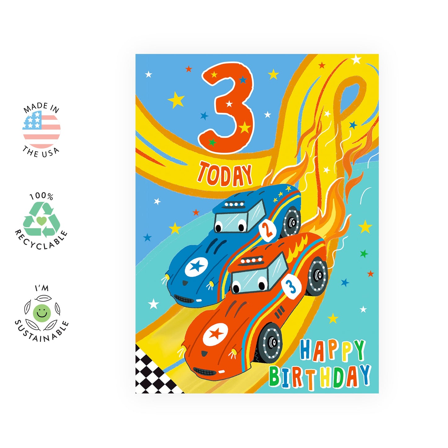 Greeting Card - Race Cars - 3rd Birthday for Boys , Recyclable, Includes Fun Stickers