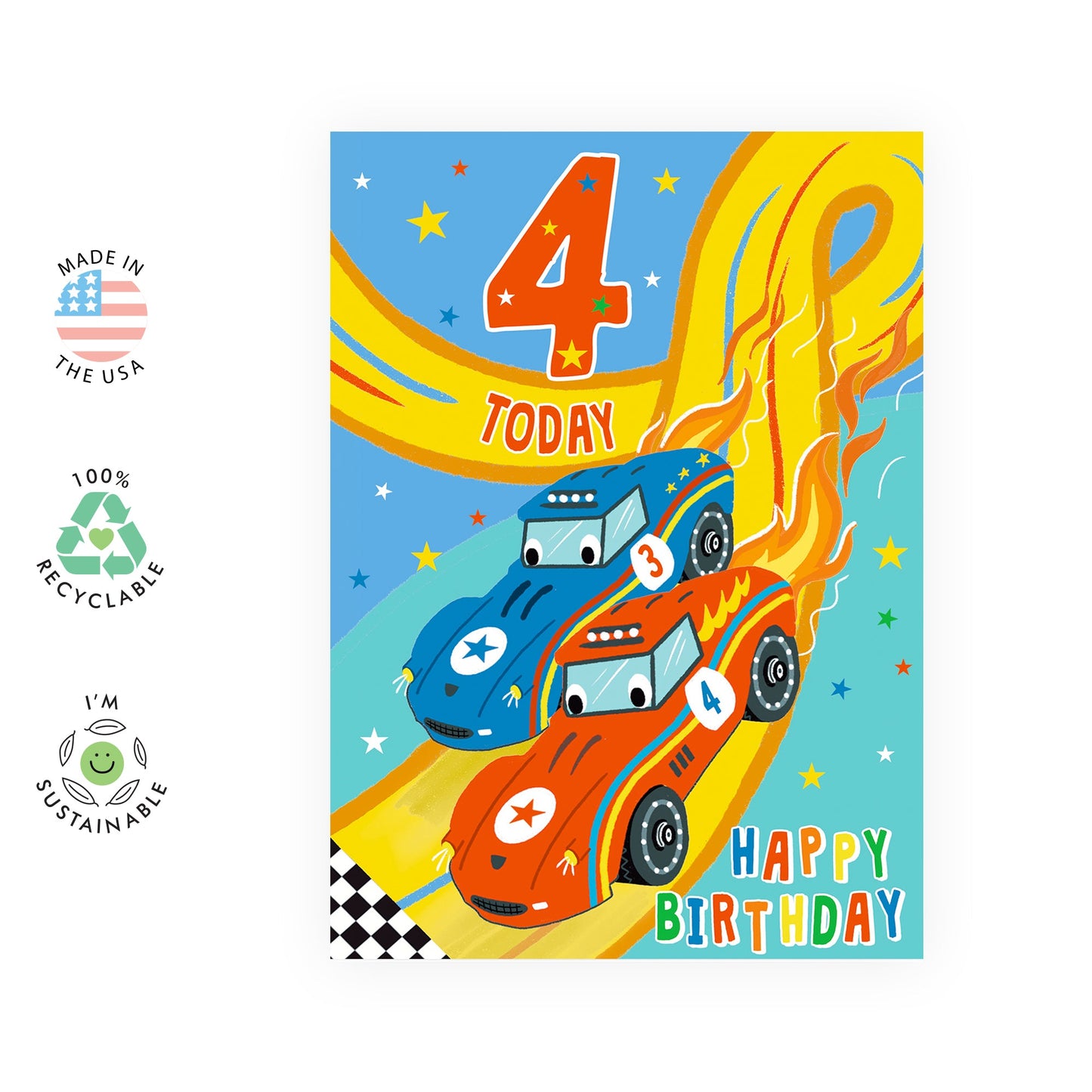 4th Birthday Card Boy - Racer Car Birthday Cards For Son Age Four - Milestone Baby Cards Four Year Old - Fourth Birthday Cards - Comes With Fun Stickers - Made in UK