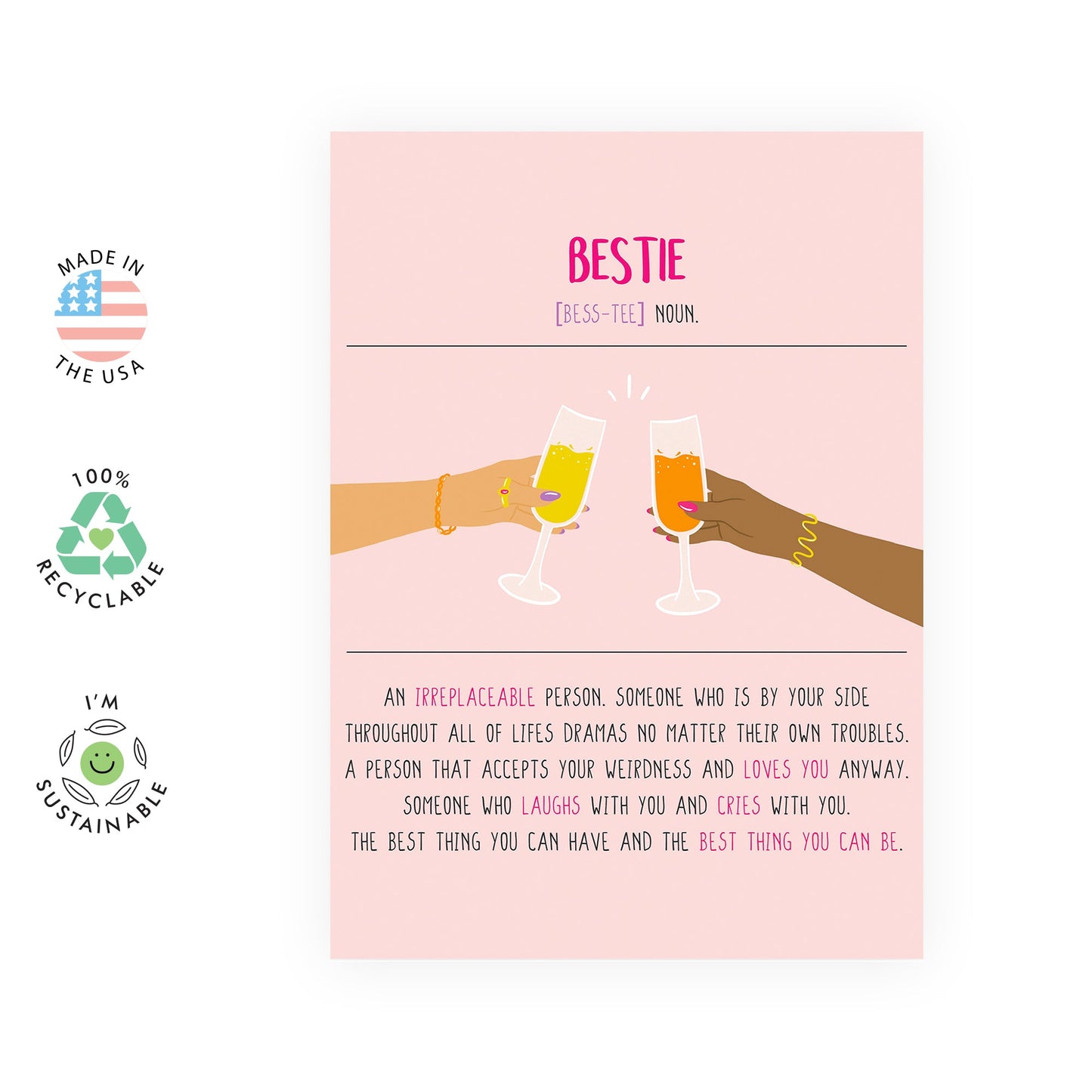 Bestfriend Card - Bestie Cheers - Friendship Gifts For Women Female - BFF Appreciation Thank You I Love You Card For Her - Galentines Day - Comes With Stickers