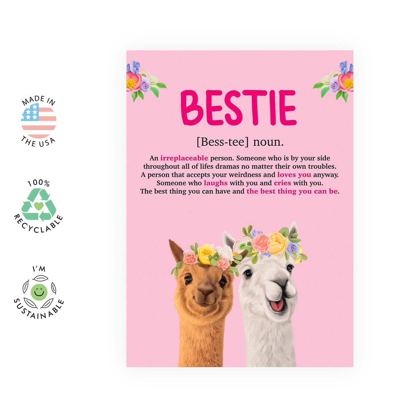 Best Friend Birthday Card For Women - Besties Llamas - Sweet Words For Female Friends - Friendship Gifts For Her Bff Bestfriend - Comes With Fun Stickers