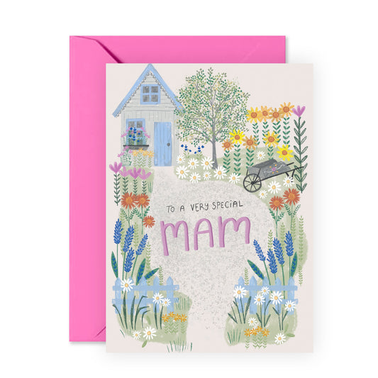 Mam Birthday Card For Her - To A Special Mam - Pretty Floral Greeting Cards For Mom Mother Women Female - Gifts For Mothers Day - Pink Pastel Flower Garden - Comes With Fun Stickers